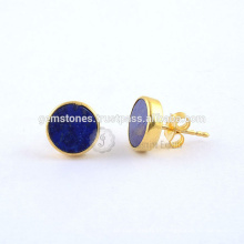 Blue Lapis Round Flat Gemstone Stud Earrings, banhado a ouro 925 Sterling Silver Stud Earring Jewelry Manufacturer